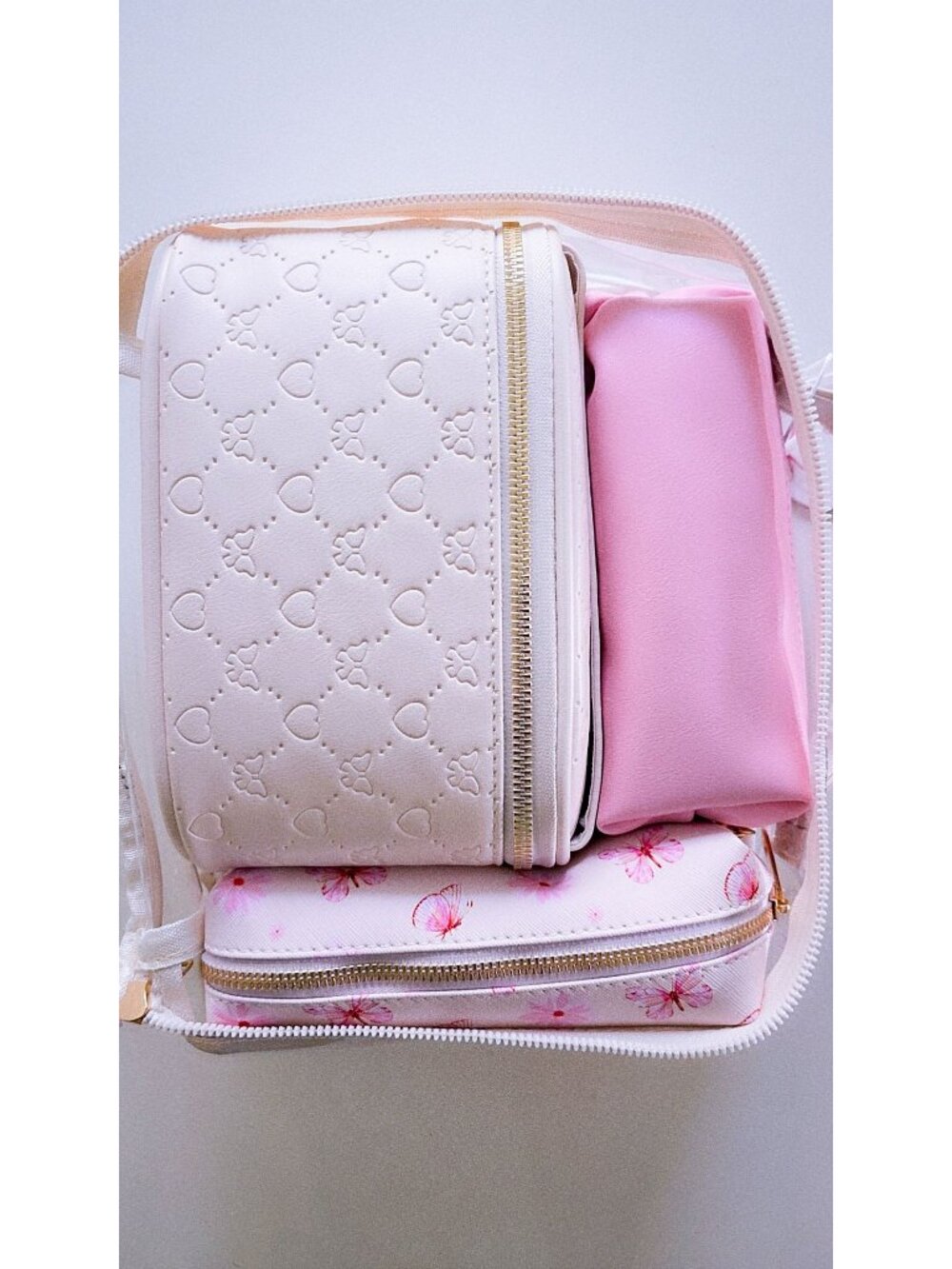 4PC Pink Travel Makeup Bag Set Cosmetic Organizer Clear Toiletry Case